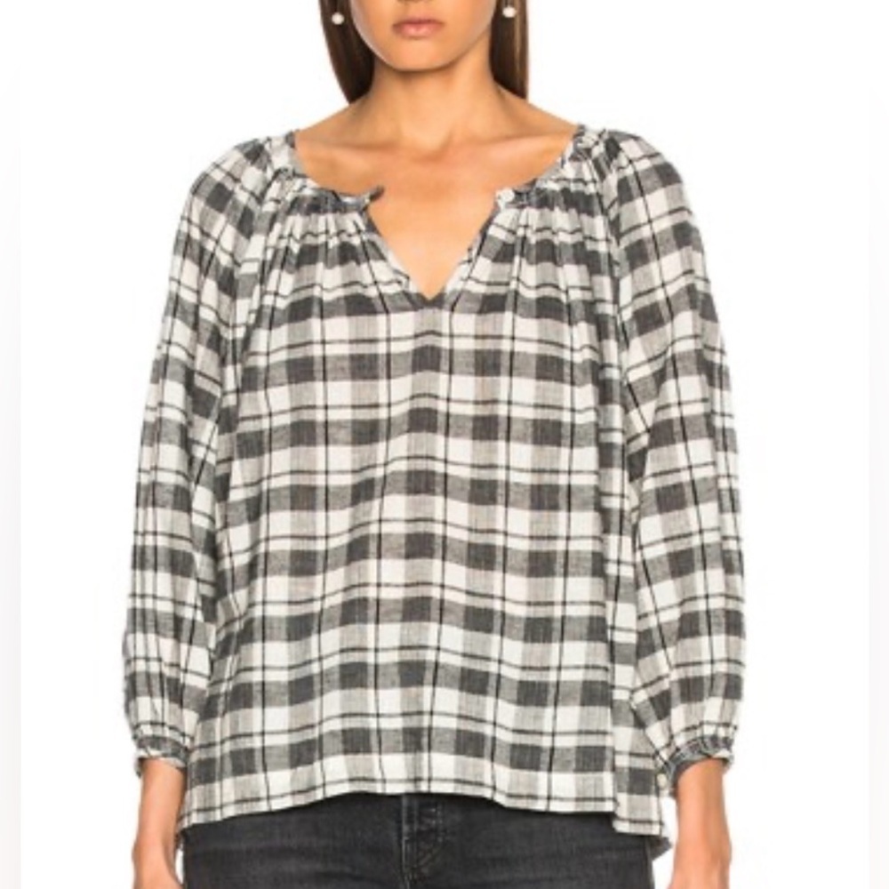 THE GREAT. The Dreamer Top‎ Black/White Windmill Plaid Smocked  Balloon Sleeve M